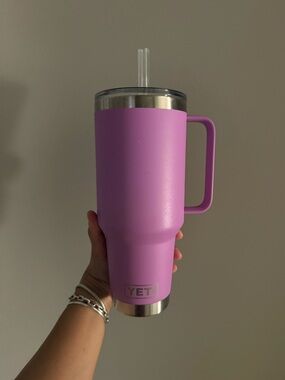 Yeti Pink Rambler Travel Tumbler with Handle and Straw